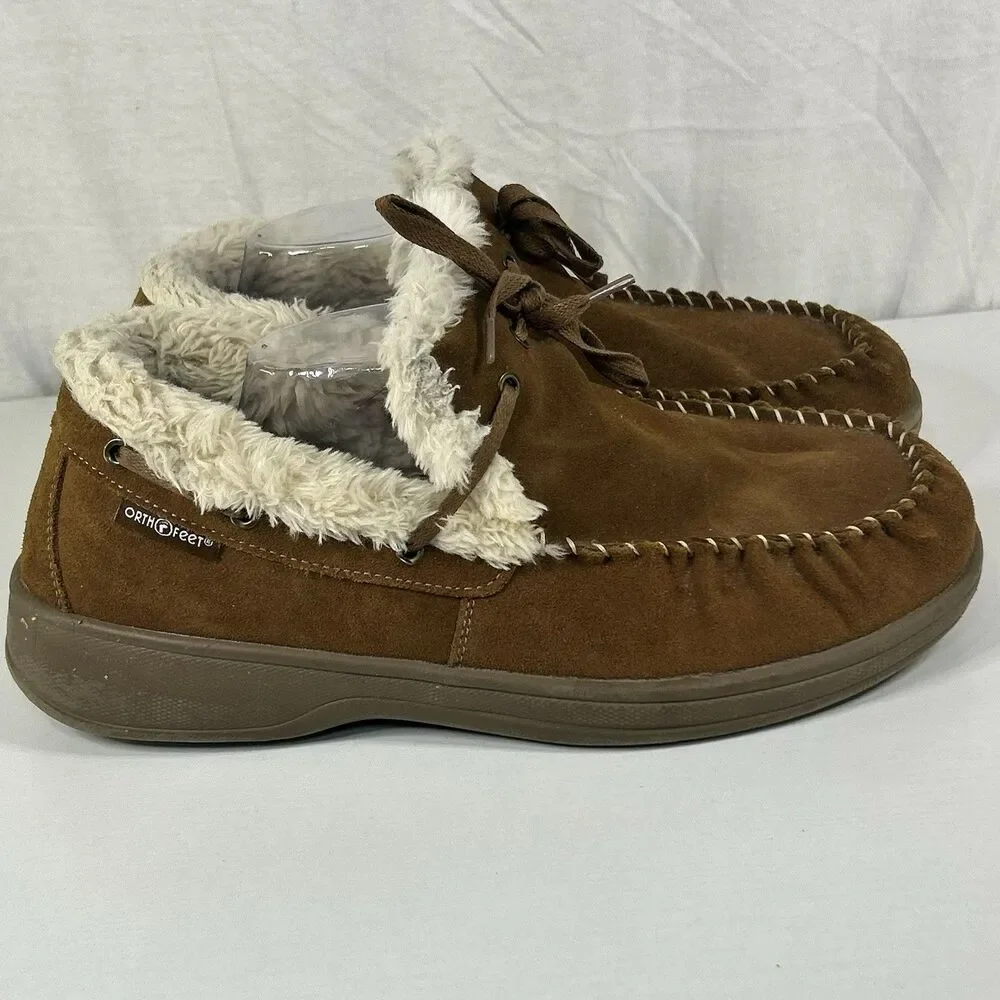 Orthofeet Men's Orthopedic Brown Leather Faux Fur Tuscany Slippers Size 11 M - Picture 2 of 7